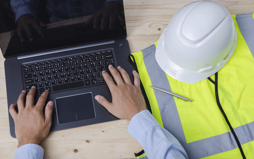 Landscape man working with laptop in workplace for landscaping plan, sketching a project, selective focus, business concept