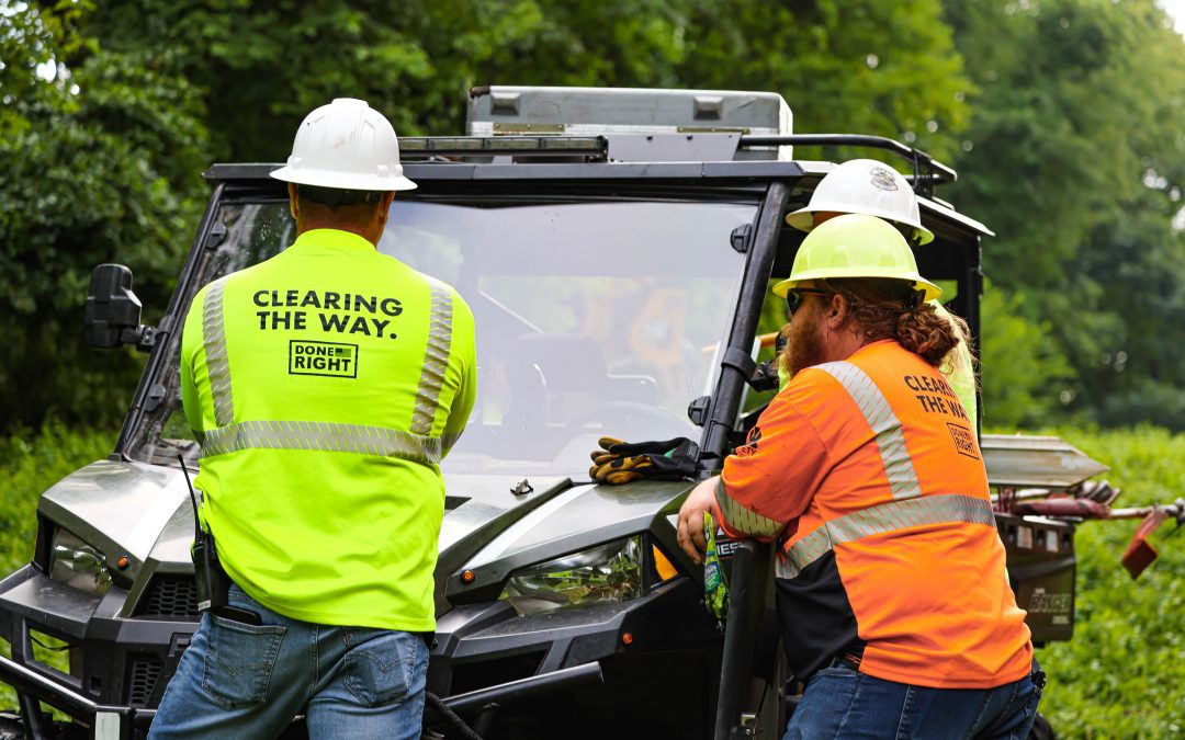 Group of landscaping and forestry professional men discussing teamwork and safety on the job